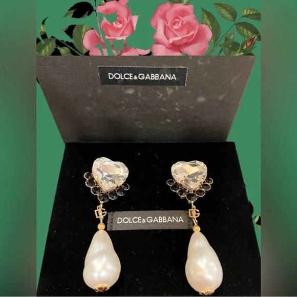 SOLD !!Dolce & Gabbana Crystal and Pearl Earrings with DG logo AUTHENTIC - Picture 2 of 5